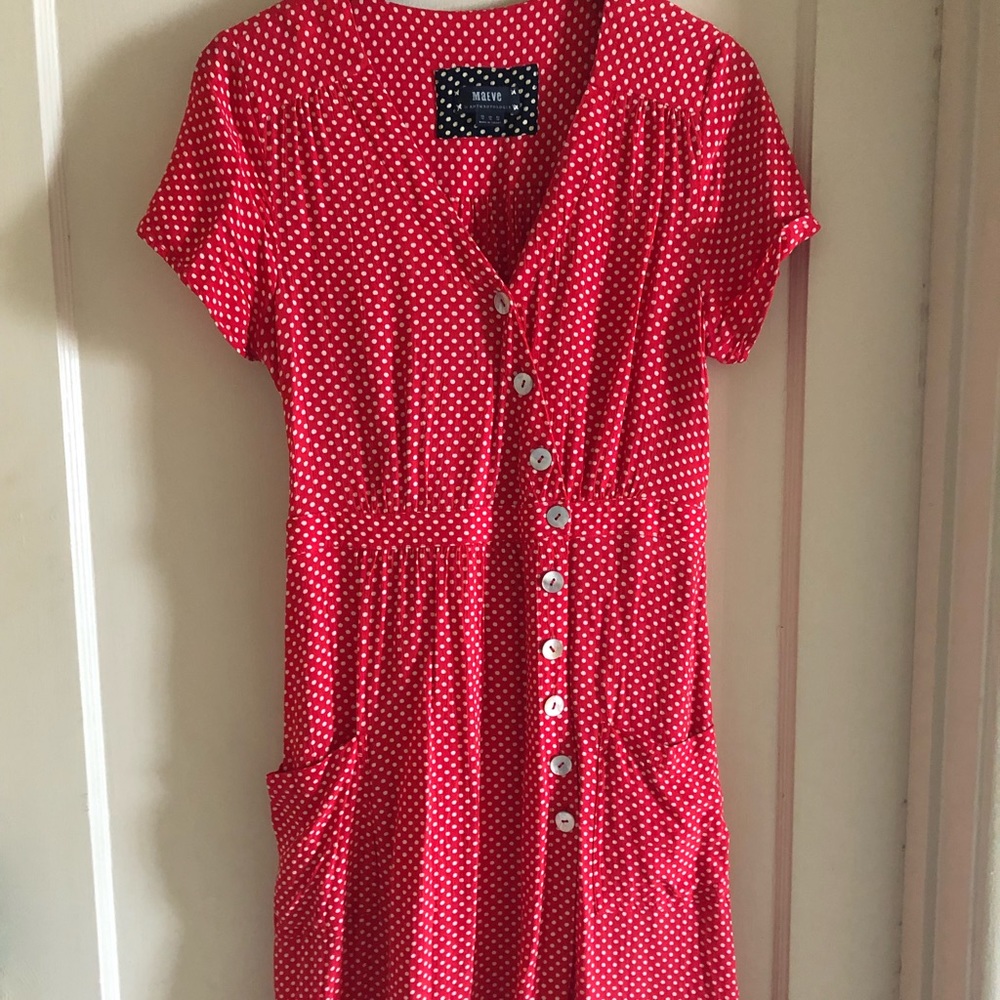 Anthropologie Maeve Red Polka Dot Dress, sz 10